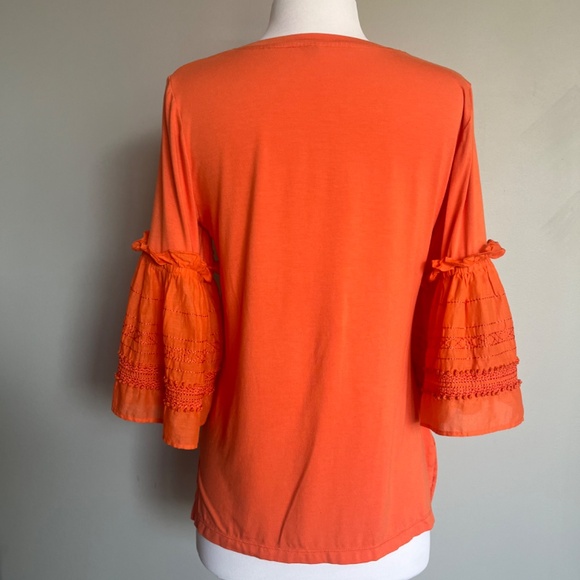 KOBI HALPERIN Embroidered Ruffle Flutter Bell Sleeve Jersey Top Blouse Tangerine - Picture 10 of 16
